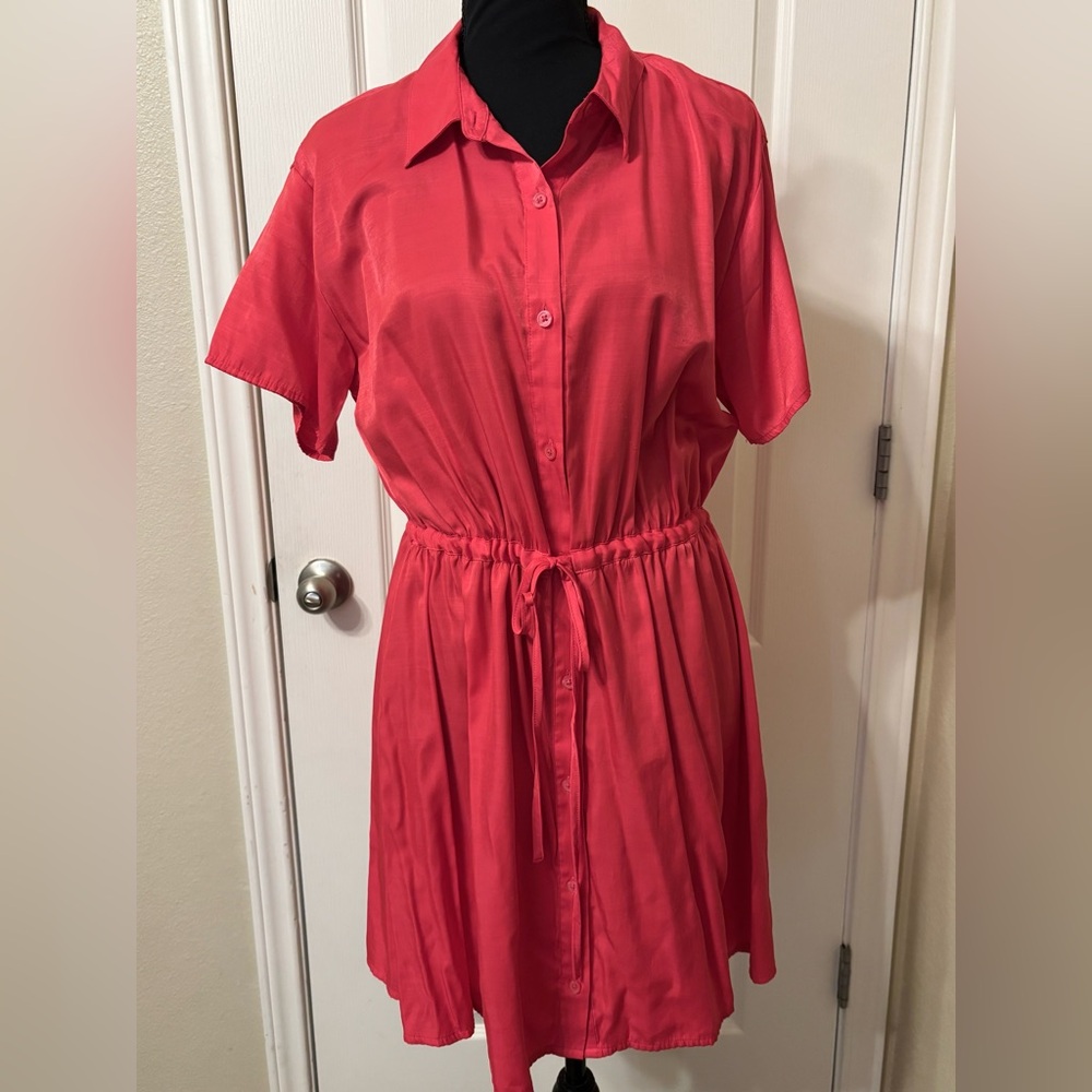 Nine West silky dress Large Pink Satin Shirt dress button up waist tie collared
